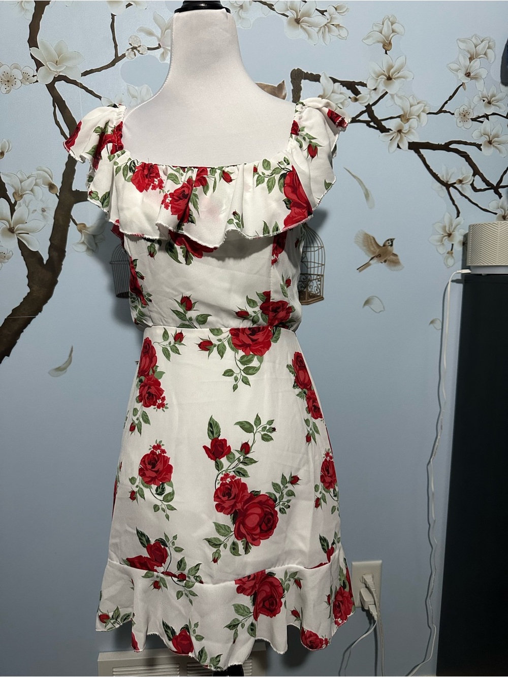 Floral Ruffle Dress — White with Red Roses